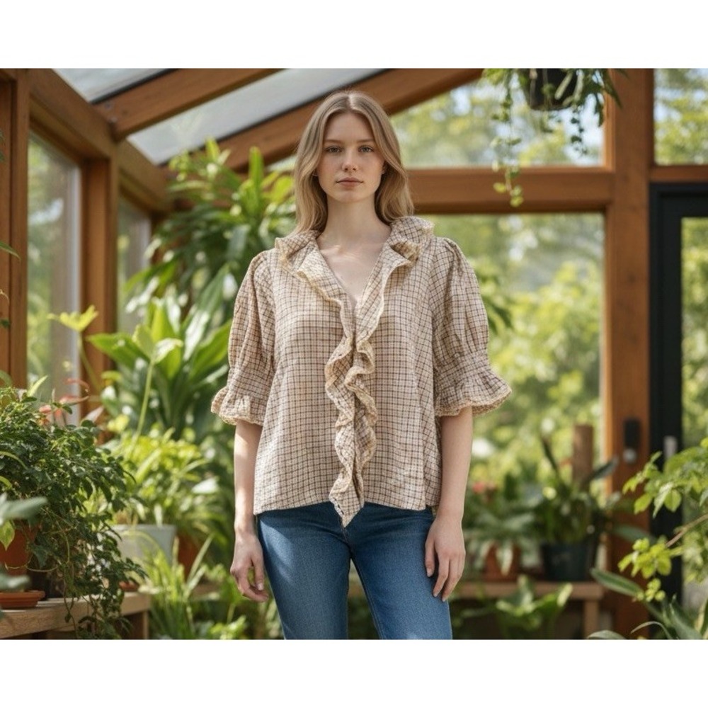 NWT RAISONNEL Gingham Lace Ruffle Top Size M Cottagecore Romantic Farmhouse Chic